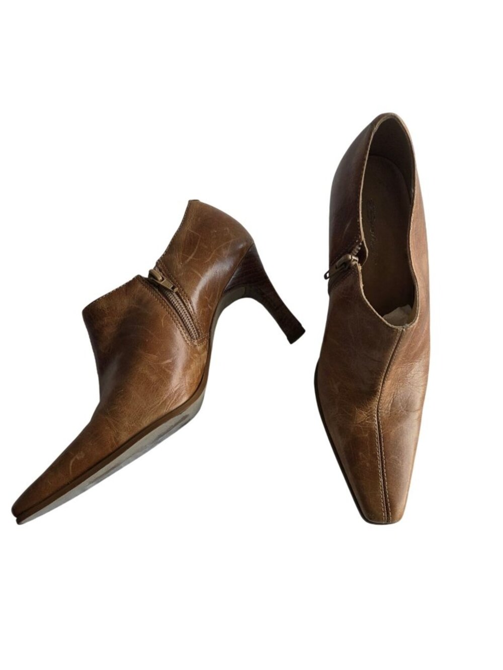 Dolcis Brown Leather Pointed-Toe Ankle Booties With Side Zipper EU 39